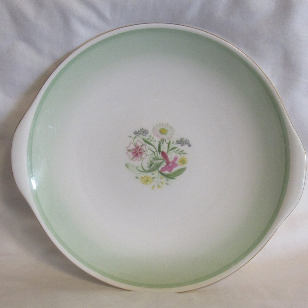 Susie Cooper Romance Tab Handled Cake Plate, Hand Painted, Green, Floral   J888